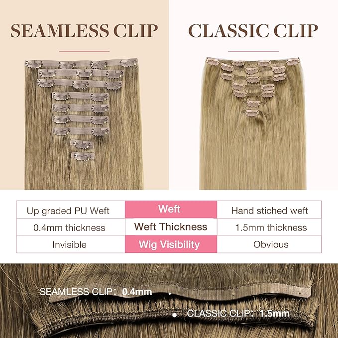 GOO GOO Clip in Hair Extensions Real Human Hair, Remy Human Hair Extensions Clip ins for Women, Natural Human Hair, 14inch 130g 9Pcs, 7 Bronde