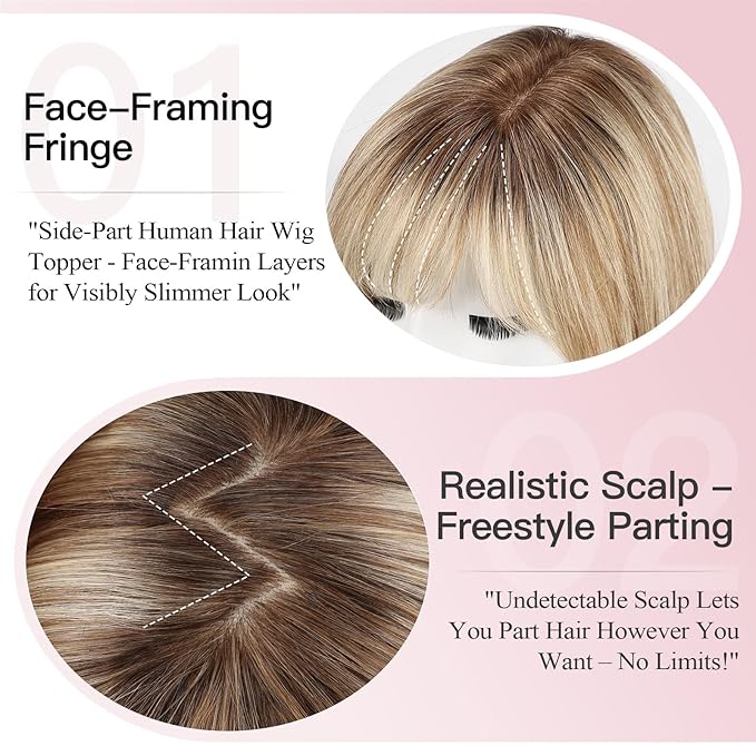 EMMOR Human Hair Toppers for Women Short Bob Real Hair with Bangs 10" Side Part Hairpieces for Women with Thin Hair 6.5" × 6.5" Larger Base Human Wig Toppers(Ombre Blonde & Brown Highlight)