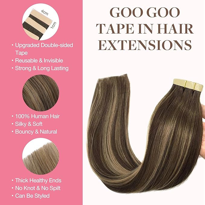GOO GOO Tape in Hair Extensions Human Hair, 4/27/4 Balayage Chocolate Brown to Caramel Blonde, 18inch 25g 10pcs, Skin Weft Seamless Invisible, Silky Straight with Thick Ends, Remy Human Hair