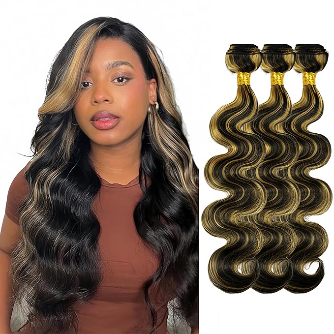 Highlight Bundles Human Hair Blonde Body Wave Bundle Brazilian Virgin Remy Hair 3 Bundles 24 24 24 Inch Niegmeag 2 Tone Black and Honey Blonde Bundle P1B27 Color