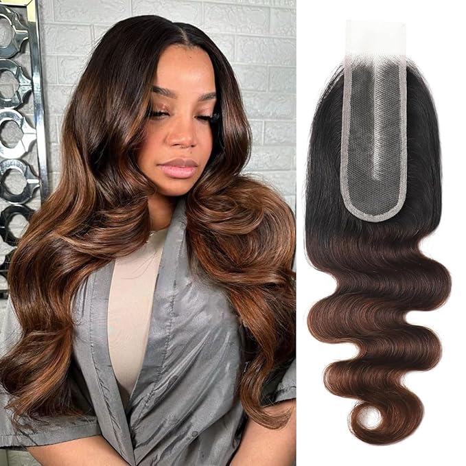 2x6 HD Lace Closure T1B/2/30 Chestnut Brown Ombre Body Wave 2x6 Transparent Lace Closure 3 Tone Ombre Medium Auburn Colored 100% Virgin Human Hair 150% Density 14 Inch
