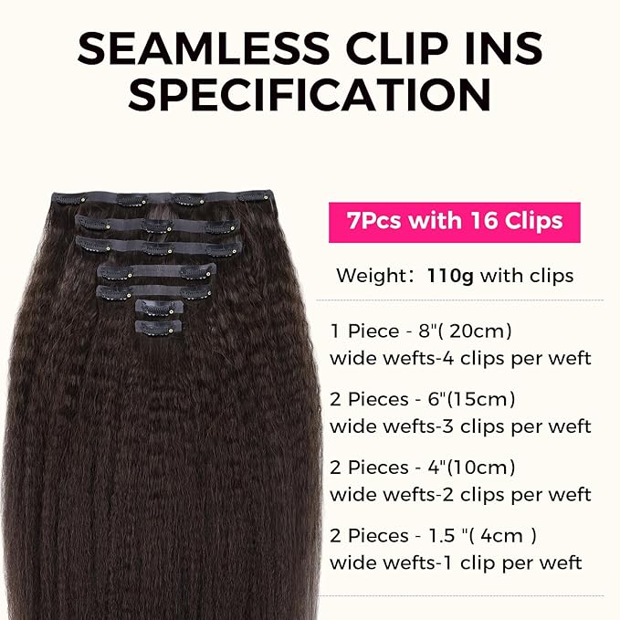 Lashey Seamless Clip in Hair Extensions Human Hair #2 Dark Brown Kinky Straight Clip in Hair Extensions Real Human Hair 7pcs 110g 24 Inch PU Weft Clip ins for Women