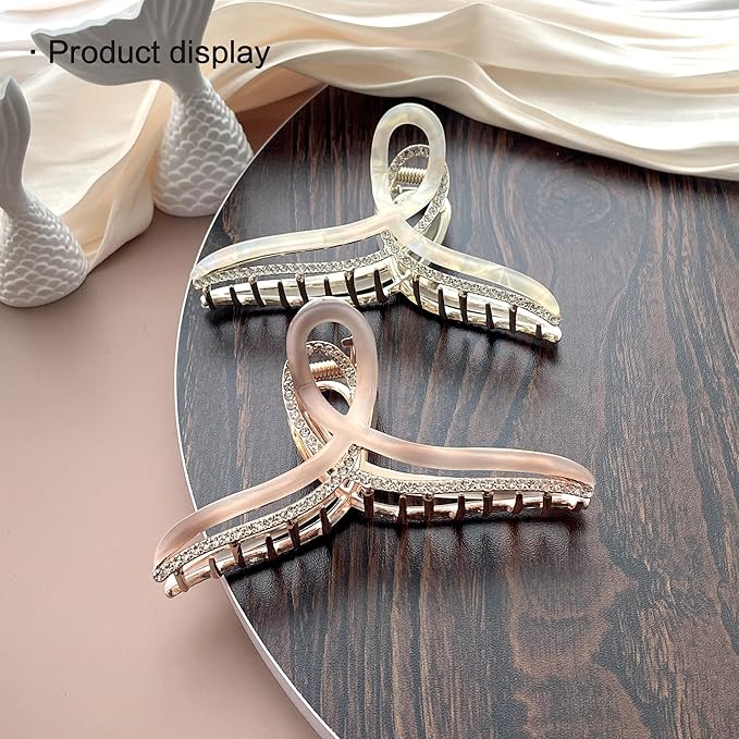 Large Metal Acetate Hair Claw Clips with Rhinestones, Gold Grandient Light Pink Hair Claw Clips for Thick Hair, Strong Hold Non Slip Hair Accessory for Women（Mermaid light Pink）