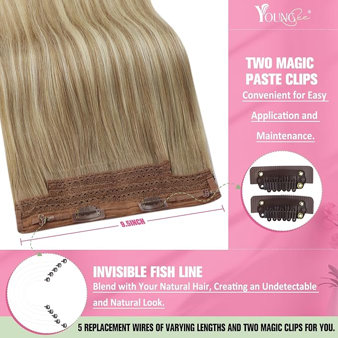 YoungSee Wire Hair Extensions Real Human Hair Brown Blonde Hair Extensions Wire Light Brown with Platinum Blonde One Piece Hair Extension Dyable Remy Hair 16Inch 80G