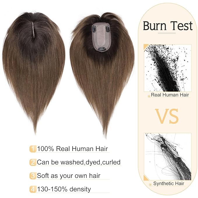 SEGO Hair Toppers for Women Real Human Hair With Bangs, 7 * 13CM Silk Base 100% Remy Human Hair Clip in Top Wiglet Hairpieces Add Volume -12 Inch Dark Brown ombre Light Brown