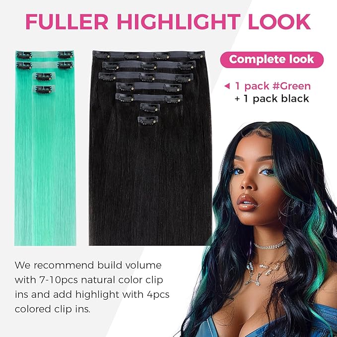 Lashey Green Clip in Hair Extensions Human Hair 4pcs 46g Straight Seamless Clip in Hair Extensions Human Hair with Invisi Edge 18 Inch
