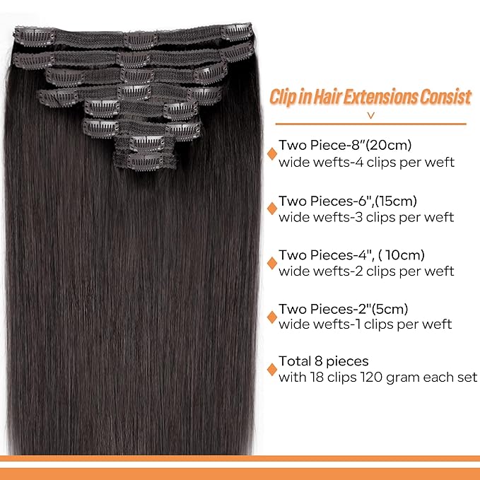 Straight Clip In Hair Extensions Real Human Hair 8Pcs Clip In Dark Brown Human Hair Extensions with 18Clips Lace Weft 120g 14inch