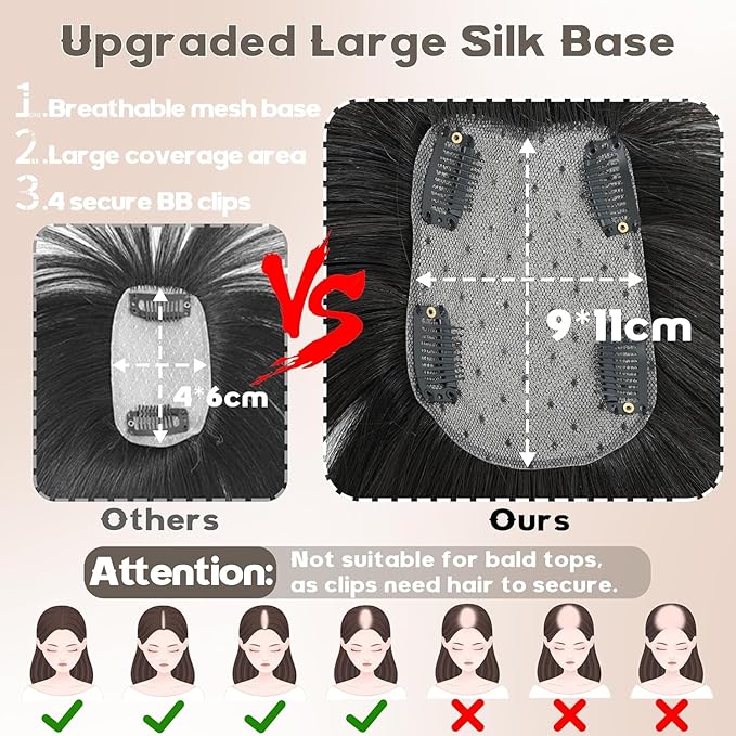 Hair Toppers for Women Real Human Hair-U Shape Toppers Hair Pieces for Women with Thinning Hairr 150% Density Silk Base Clip in Human Topper with Bangs for Daily Use(Brown Black-1B