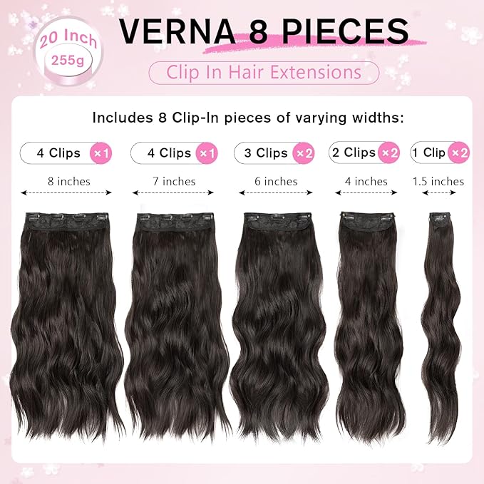 Hair Extensions Clip Ins, 8PCS 20 Inch Natural Black Clip in Hair Extensions, Synthetic Long Wavy Curly Hair Extension, Full Head Thick Hairpieces for Women