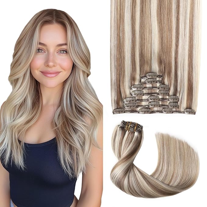 Pro2.0 Clip in Hair Extensions Real Human Hair 20inch 7pcs Color #8p60 Brown Highlights Platinum Blonde Remy Real Human Hair Extensions Clip ins 120g Thick Double Weft（#8p60-20inch）