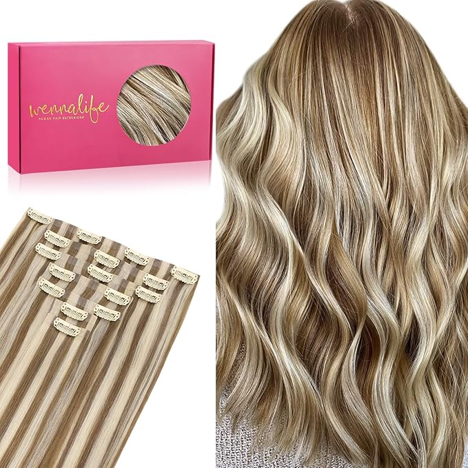 WENNALIFE Seamless Clip In Hair Extensions, 14 Inch 7pcs 130g Ash Brown with Platinum Blonde Highlights Hair Extensions Clip In Real Human Hair Extensions Invisible PU Weft Hair