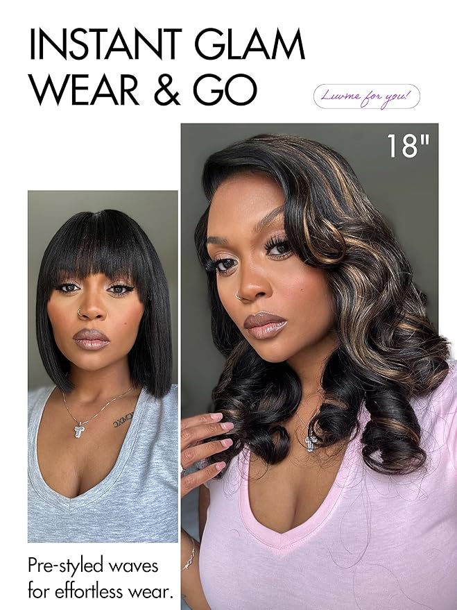 LUVME HAIR 100% Human Hair Wigs Loose Wave Glueless Lace Front 16 Inches, Pre Cut Plucked Hd Lace Short Wig Ready To Go Highlight Color Straight Bleached Knots Side Part Wigs