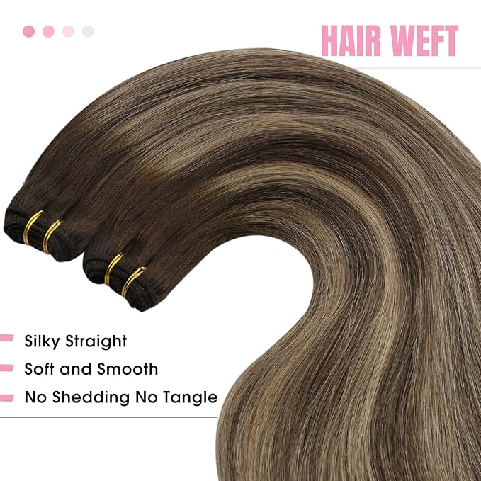 YoungSee Human Hair Sew in Extensions Brown Balayage Double Weft Human Hair Extensions Dark Brown Mix Caramel Blonde Balayage Straight Hair Weft Extensions Remy Hair 20Inch 100G