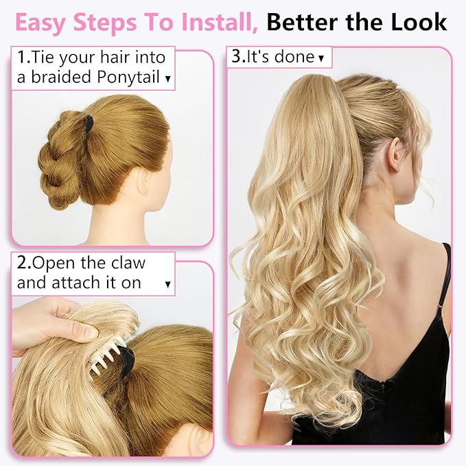 ALXNAN Ponytail Extension,24 Inch Claw Clip in Long Curly Mixed Blonde Ponytail Hair Extension Jaw Clip on Pony Tails Hairpiece for Women