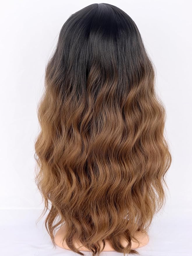 Ombre Brown Wavy Wigs with Bangs for Women - Medium Long Synthetic Black To Brown Wigs Heat Resistant for Daily Party Use