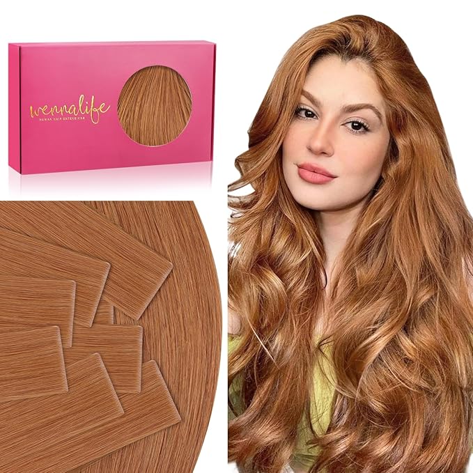 WENNALIFE Invisi Edge Tape in Hair Extensions Human Hair, 24 Inch 50g 20pcs Auburn Ginger Invisible Luxury Remy Hair Extensions Natural Seamless Injected Tape Ins Straight Extensiones De Cabello