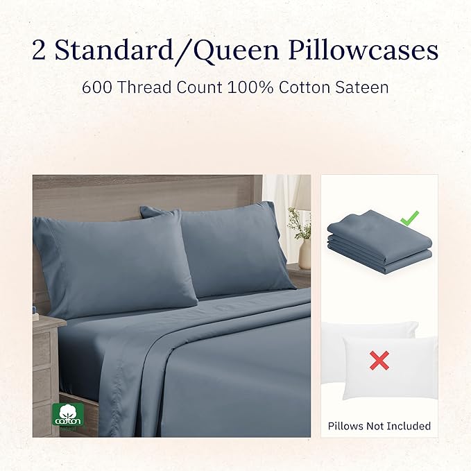 California Design Den Luxuriously Soft Premium 600 Thread Count, 100% Cotton Set of 2 Cases, Crisp Standard Pillow Cases Set of 2 Fits Standard & Queen Pillows (Pastel Blue)