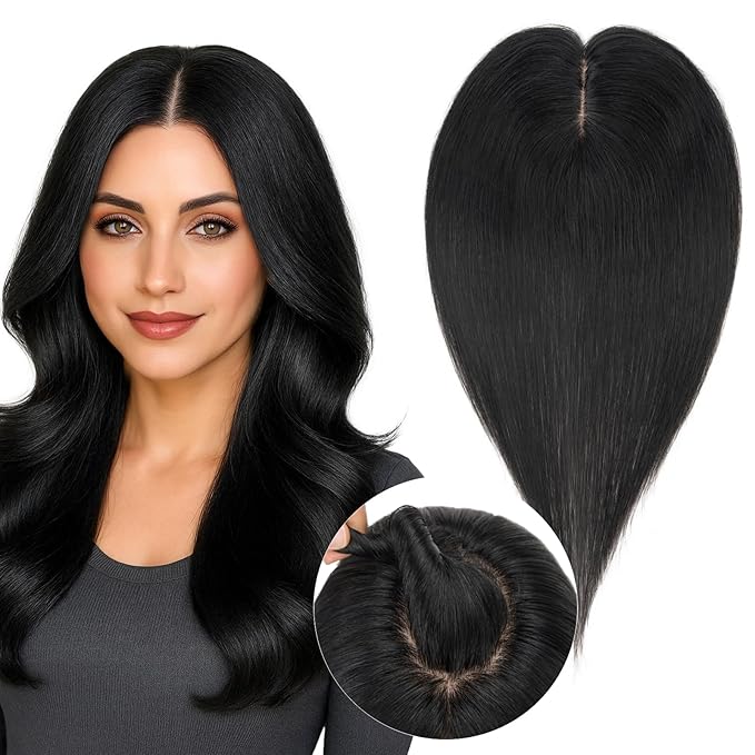 Real Human Hair Toppers for Women 3.54"*4.72" Silky Base 150% Density No Bangs Adjustable Parting Clip-In Topper Hairpieces for Women with Thinning Hair 16 Inches Dark Black