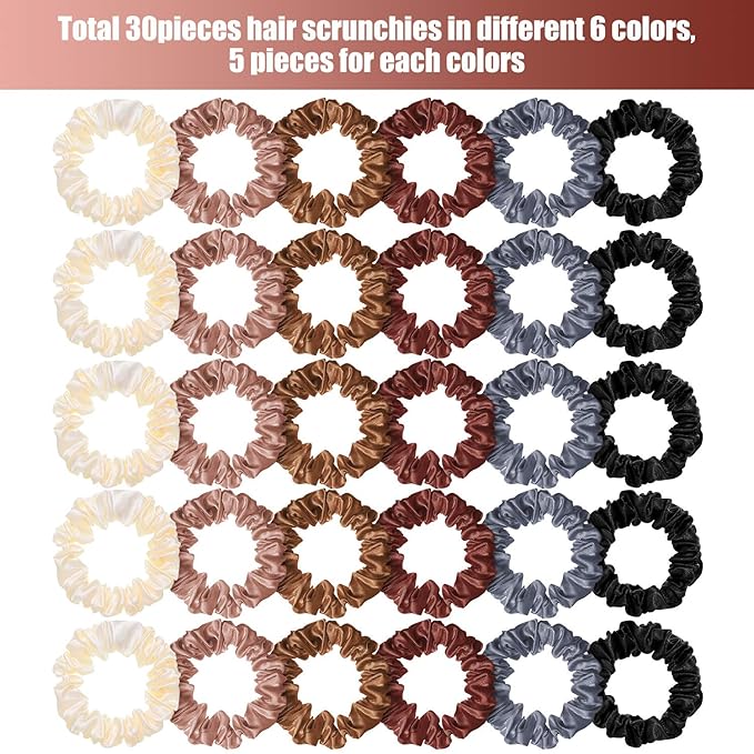 WILLBOND 30 Pcs Small Satin Silk Scrunchies Bulk for Women, Thin Hair Ties Mini Scrunchy Bands Skinny Ponytail Holders for Thick Curly Hair Pony Tails Wrist Decor(Colorful)