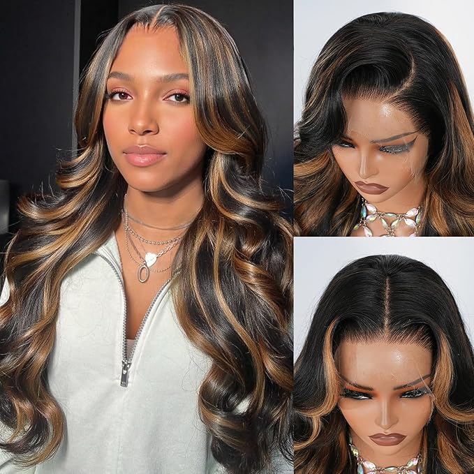 Highlight Ombre 13x4 Full Frontal Skinlike HD Lace Wig 0.10mm Ultra-thin Invisible Body Wave Lace Front Wigs Human Hair Pre plucked 200% Density 1B/30 Balayage Wigs for Women 26 inch