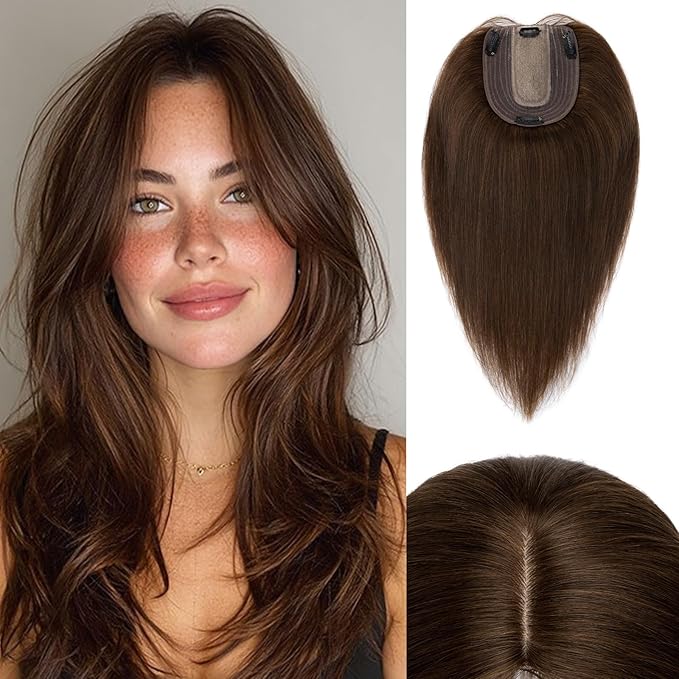 Rich Choices Hair Toppers for Women Real Human Hair 100% Human Remy Toppers NO Bangs for Women with Thinning on Top Clip in Hairpiece 4"x4.7"Lace Base 10 Inch #4 Medium Brown