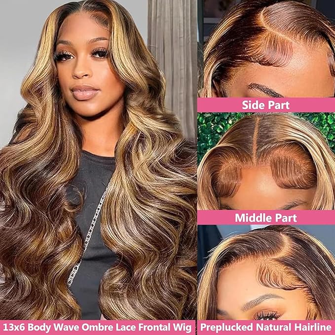 36 Inch 13x6 Lace Front Wigs Human Hair 200 Density P4/27 Highlight Ombre Body Wave HD Lace Front Wigs Human Hair Pre Plucked