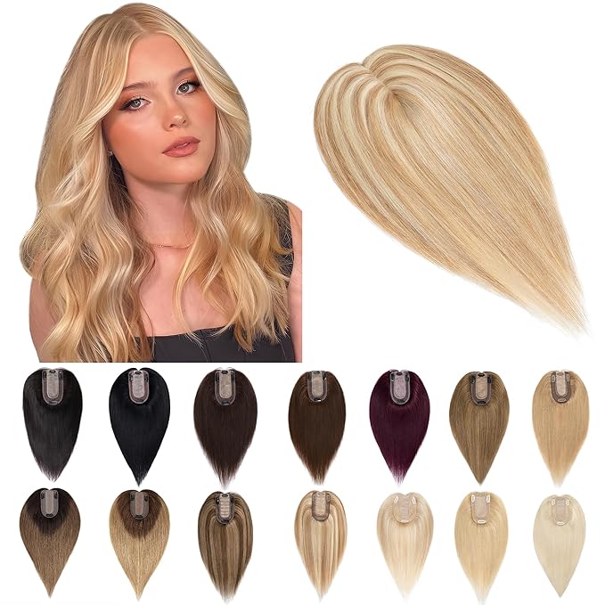 SEGO Human Hair Toppers for Women With Thinning Hair, 7 * 13CM Silk Base 100% Real Human Hair Clip in Top Wiglet Hairpieces -6 Inch No Bangs Golden Brown&Bleach Blonde
