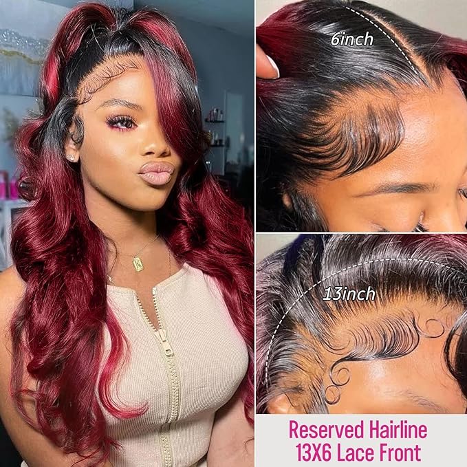 250% density 1b 99j Burgundy Lace Front Wigs Human Hair Red Burgundy Wig Human Hair 13x6 HD Body Wave Lace Front Wigs Human for Women burgundy ombre lace front wig human hair