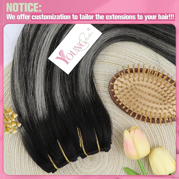 YoungSee Invisible Wire Hair Extensions Real Human Hair Ombre Black Hair Extensions Wire Silver Balayage Fish Line Hair Extension for Women 18Inch 80G