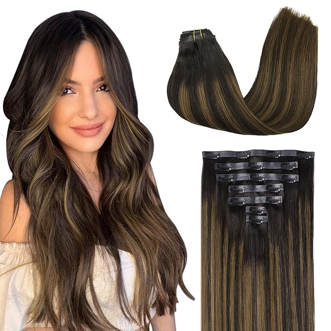 GOO GOO Clip in Hair Extensions Real Human Hair, Remy Human Hair Extensions Clip ins for Women, Natural Human Hair, 22inch 110g 7Pcs, 2/6/2 Balayage Dark Brown to Chestnut Brown