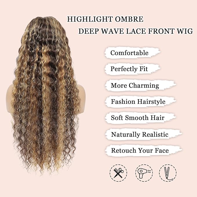 Highlight Ombre Lace Front Wigs Human Hair 13x6 Honey Blonde Deep Wave Wig Human Hair 4/27 Glueless Deep Wave Human Hair Wigs Pre Plucked with Baby Hair for Women 28 Inch