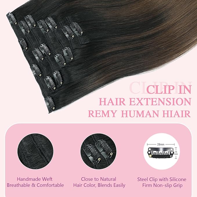 PINKPEARL Clip in Hair Extensions, 14 Inch 7pcs 120g #1BT4 Balayage Natural Black to Chocolate Brown, Hair Extensions Real Human Hair Clip Ins Natural Straight Hair for Women(#1BT4-14)