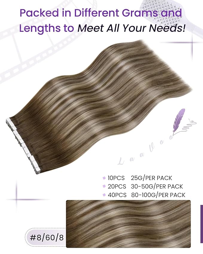 LaaVoo Tape in Hair Extensions Human Hair Tape in Extensions Remy 100g Ash Brown to Blonde Mix with Platinum Blonde 14 Inch 40pcs