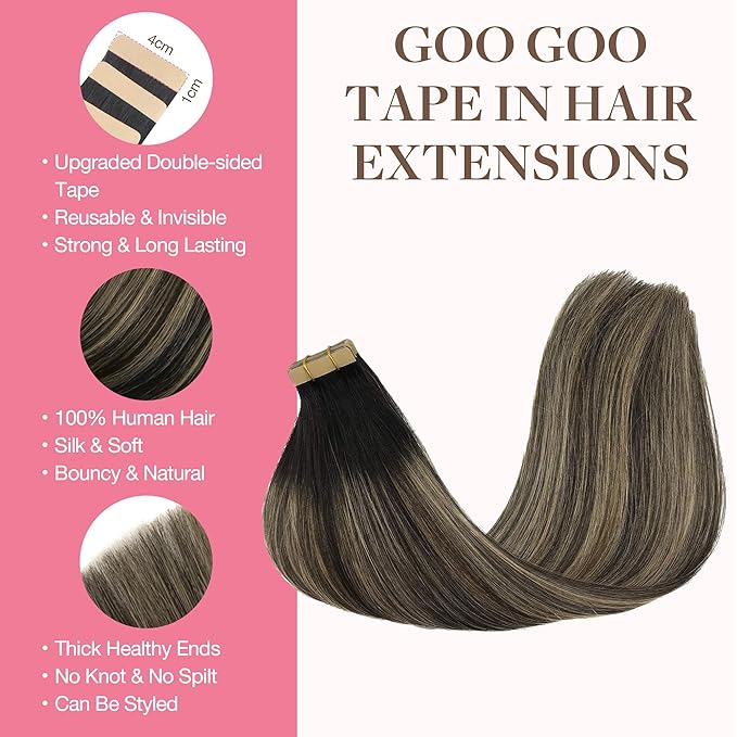 GOO GOO Tape in Hair Extensions Human Hair, 1B/19/1B Natural Black to Light Blonde, 22inch 100g 40pcs, Skin Weft Seamless Invisible, Silky Straight with Thick Ends, Remy Human Hair