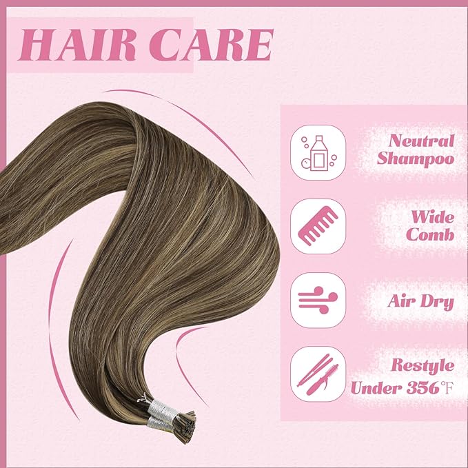 YoungSee Itip Human Hair Extensions Brown I Tip Hair Extensions Human Hair Highlight Dark Brown with Caramel Blonde Tip Hair Extension Human Hair Short 14In 80s 50g