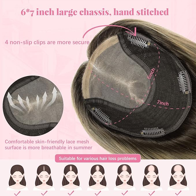 Hair Toppers for Women Real Human Hair 360° 3D 12inch 55g Human Hair Topper Dark Brown To Chestnut Brown Highlight Ash Blonde 6x7inch Large Base (#2/6/18 Toppers-12inch)