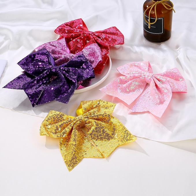 Large Big 7 Inch Glitter Bow Clip Sequin Bling Party Hair Accessories for Women Teens Girls Kids 2 Pcs (HotPink, LightPurple)