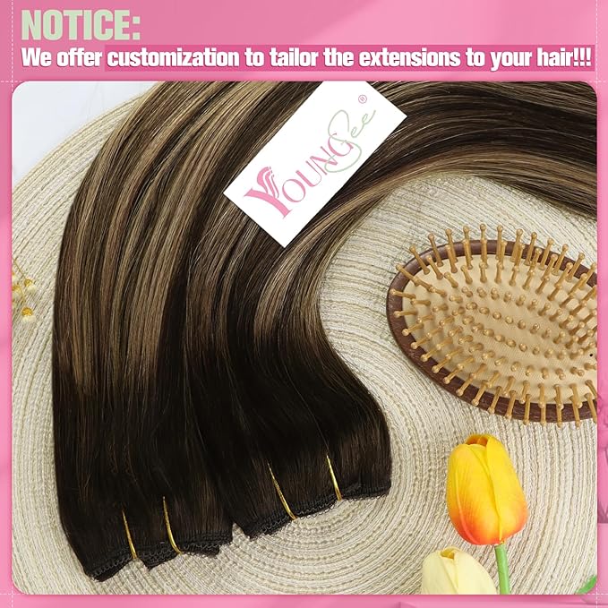 YoungSee 120G Wire Hair Extensions Brown Invisible Wire Human Hair Extensions Dark Brown Fading To Caramel Blonde Balayage Straight One Piece Hair Extension 16Inch