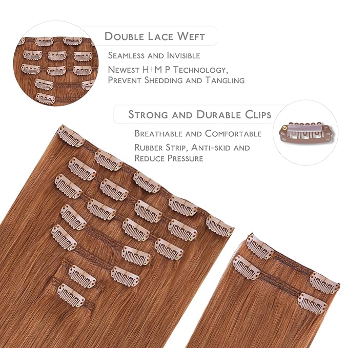 WENNALIFE Clip in Hair Extensions, 150g 24 Inch 9pcs Cinnamon Terra Copper Remy Hair Thicker Double Weft Extensiones De Cabello Humano Con Clip Ins Straight Full Volume