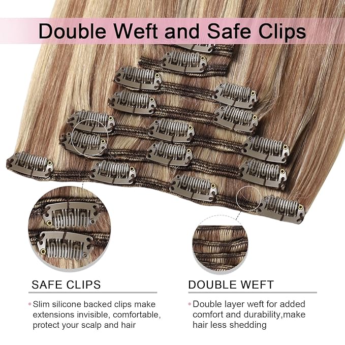 Pro2.0 Clip in Hair Extensions Real Human Hair 120g Thick 7pcs Color #10/16/16 Ash Brown to Caramel Blonde Remy Real Human Hair Extensions Clip ins 14inch Double Weft（#10/16/16-14inch）