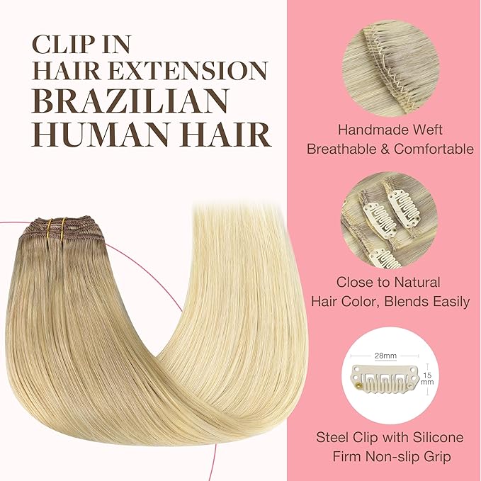 GOO GOO Clip in Hair Extensions Real Human Hair, Remy Human Hair Extensions Clip ins for Women, Natural Human Hair, 16inch 120g 7Pcs, #O7/60F