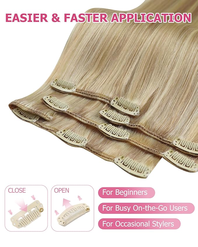 YoungSee Blonde Clip in Human Hair Extension Highlight Human Hair Clip in Extensions Light Blonde Highlighted Golden Blond Clip in Hair Extensions Real Human Hair for Women 24Inch 7Pcs 120G