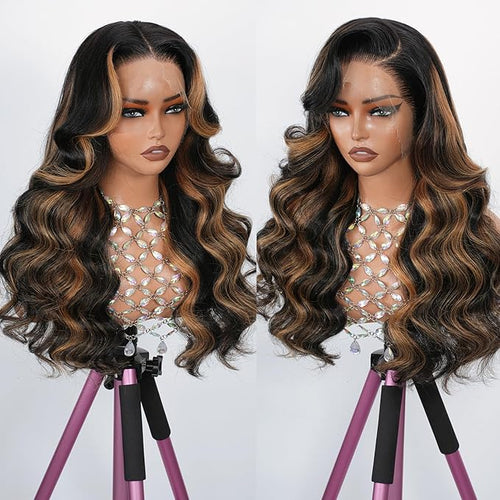 13x4 Full Frontal Lace Wig Human Hair Body Wave 1B/30 Highlight Ombre Colored Skinlike Swiss HD Lace 0.10mm Ultra-thin Invisible 200% Density Balayage Brown Pre Plucked Tiny Knots Natural Hairline