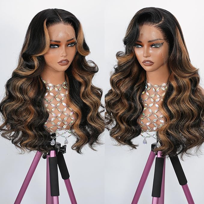 1B/30 Highlight Ombre Brown Body Wave Lace Front Wig Human Hair 13x4 Full Frontal Lace Wig Bleached Tiny Knots Skinlike HD Lace 0.10mm Ultra-thin Invisible 200% Density 32 Inch Black and Brown Colored