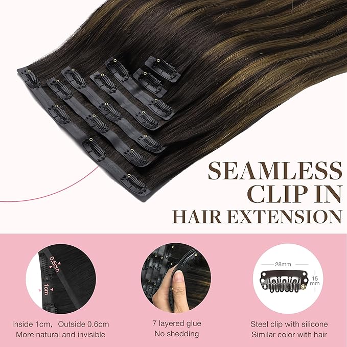 GOO GOO Clip in Hair Extensions Real Human Hair, Remy Human Hair Extensions Clip ins for Women, Natural Human Hair, 20inch 110g 7Pcs, 2/6/2 Balayage Dark Brown to Chestnut Brown