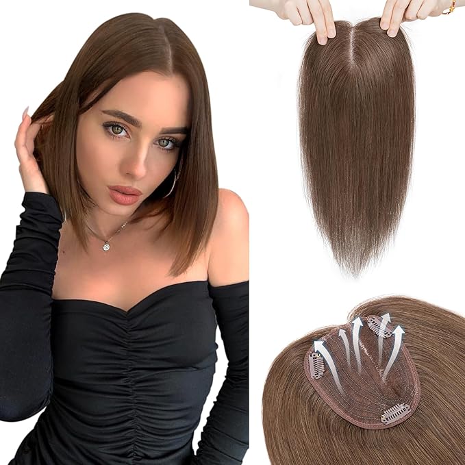 Hairro 100% Human Hair Topper No Bangs, Real Clip in Hair Hairpieces for Women, 3.94x4.72" Silk Base for Thinning Receding High Hairline, 10 Inch Dark Brown Side Part