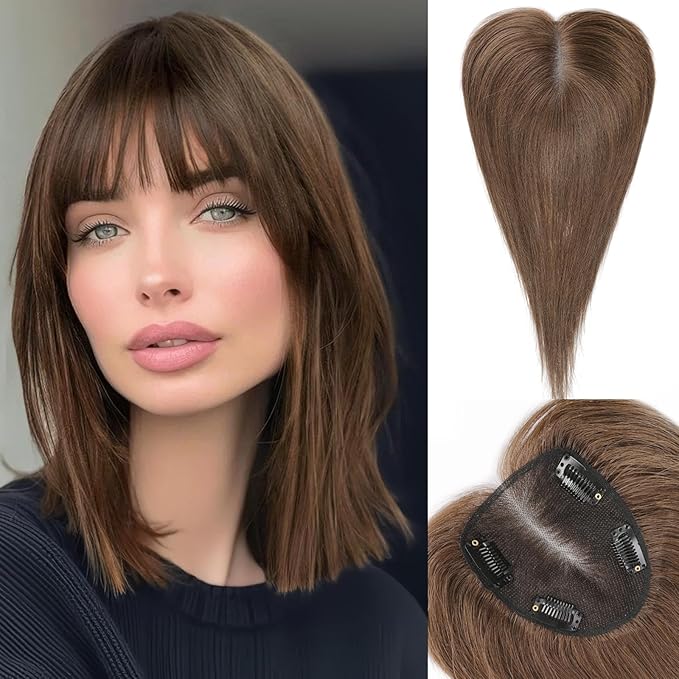 starluck Hair Toppers for Women Real Human Hair With Bangs, 100% Remy HumanHair Toppers for Women Hand-woven with Thinning,Cover Gray Roots,Adds Volume, Brown