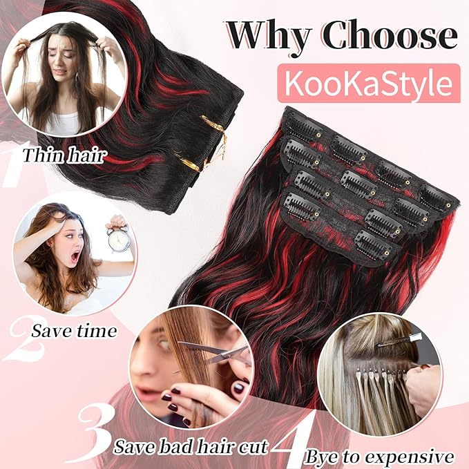KooKaStyle Hair Extensions Black Mix Red Highlights 1B/113# Clip in Synthetic Highlight Long Wavy 4PCS Thick Hairpieces for Daily Use 24 Inch for Women