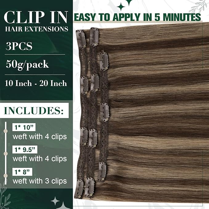 RUNATURE Human Hair Clip in Extensions, Well-Blended Remy Hair Extensions Clip Ins for Women, Add Hair Volume, 14 Inch 50g 3pcs #3P12 Walnut Brown Highlight
