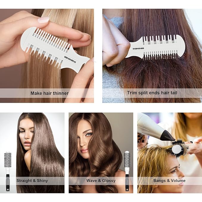 Round Brush for Blow Drying, 1 inch Small Round Barrel Hair Brushes with Ball Tip Boar Bristles, Nano Tech Thermal Ceramic Ionic, Double Edge Razor Comb for Hair Cutting Included